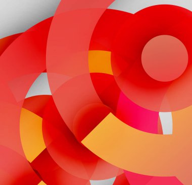 Üst üste binen daireler, canlı kırmızılar, portakallar, beyazlar içeren soyut kompozisyon. Dinamik şekiller modern görsel etki yaratır.