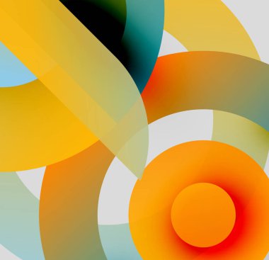 Soyut kompozisyon. Üst üste binen renkli çemberler dinamik görsel efekt yaratır. Yumuşak eğimler, modern tasarım, basit şekiller..