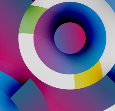 Soyut renkli çemberler örtüşüyor ve canlı gradyanlar yaratıyor. Tasarım pürüzsüz geçişler ve modern estetik içeriyor..