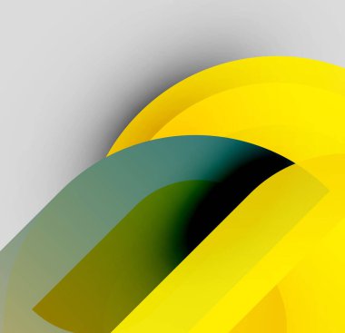 Soyut kompozisyon. Üst üste binen kıvrımlı şekiller, sarı, yeşil, deniz mavisi renkleri. Minimalist tasarım, gradyan etkisi, modern estetik. Sorunsuz geçişler.