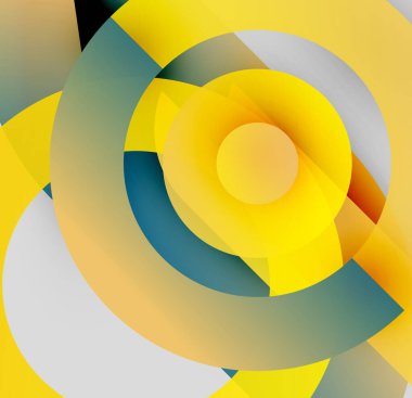 Soyut kompozisyon. Üst üste binen daireler dinamik görsel efekt yaratır. Sarılar, griler, maviler dizaynın hakimi. Modern, geometrik stil.