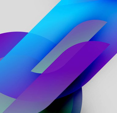 Soyut gradyanlar harmanlanır ve dinamik şekiller yaratır. Mavi, mor renkler kompozisyona hakim. Pürüzsüz geçişler hareketi, derinliği akla getiriyor.