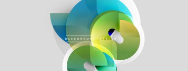 Soyut geometrik şekiller çakışıyor. Canlı mavi, yeşil renkler tasarımda baskın. Beyaz arkaplan karşıtlık ve modern his sağlar.