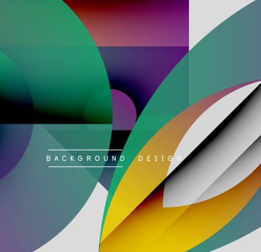 Soyut renkli şekiller çakışıyor. Modern tasarım gradyan, kıvrımlar, dikdörtgenler içerir. Arka plan dinamik görsel deneyim öneriyor.