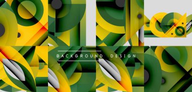 Soyut geometrik desen. Üst üste binen şekiller dinamik görsel doku yaratır. Yeşil, sarı, turuncu renkler kompozisyona hakim. Modern tasarım ögesi.