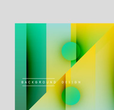 Soyut geometrik bileşim. Yeşil, sarı gradyanlar dinamik görsel efekt yaratır. Çemberler üst üste dikdörtgenler, modern tasarım ögesi.