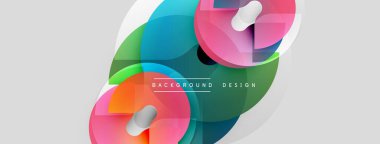 Soyut renkli şekiller örtüşür, dinamik görsel efekt yaratır. Işık eğimleri modern tasarım estetiğini geliştirir. Arkaplanda yumuşak gri tonlar.