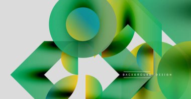 Soyut geometrik bileşim. Üst üste binen şekiller canlı gradyanlar, modern tasarım elementleri yaratır. Minimalist estetik, temiz çizgiler, dinamik görsel etki.