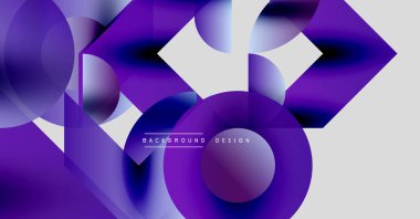 Soyut mor tasarım, üst üste binen daireler, kareler. Gradyan gölgeler dinamik görsel efekt yaratır. Modern arkaplan dokusu.