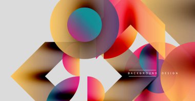 Soyut geometrik şekiller örtüşüyor, canlı renk eğimleri yaratıyor. Modern tasarım öğeleri akıcılık, dinamizm, yenilik.