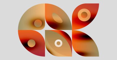 Soyut şekiller, sıcak renkler, geometrik tasarım. Kompozisyonda üst üste binen formlar var, görsel ilgi yaratıyor. Yumuşak eğimler mevcut.