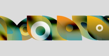 Üst üste binen renkli şekiller içeren soyut bir kompozisyon. Çemberler, kıvrımlar, gradyanlar dinamik görsel efekt yaratır. Modern tasarım elemanları.