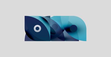 Soyut grafik şekillendirilmiş balık şeklini tasvir ediyor. Mavi renkler tasarıma hükmediyor, modern duygular yaratıyor. Minimalist estetik, temiz çizgiler mevcut.