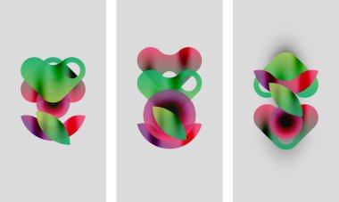 Soyut renkli şekiller örtüşür, dinamik kompozisyonlar oluşturur. Üç panel, renk ve konum olarak biraz değişken benzer biçimleri gösterir.