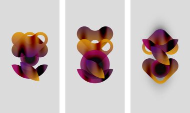 Soyut sanat eserleri. Üç panelde üst üste binen, bulanık şekiller var. Renkler altından koyu mora kadar değişir. Minimalist tasarım, modern estetik.