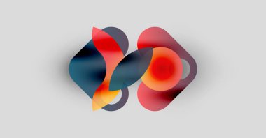 Soyut şekiller örtüşür, canlı renk karışımları yaratır. Kırmızı, turuncu, mavi tonlar tarafsız arkaplanda baskın gelir. Modern tasarım ögesi.