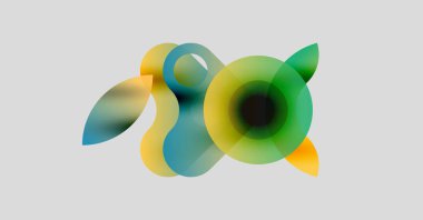 Soyut renkli şekiller çakışıyor ve sıvı tasarımı yaratıyor. Yumuşak gradyanlar sarı, yeşil ve mavi renkleri harmanlarlar. Minimalist kompozisyon, hafif arkaplan.