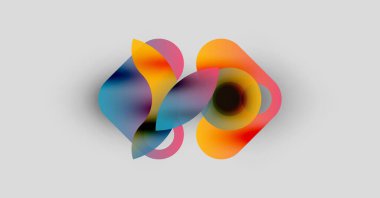 Soyut renkli şekiller çakışıyor ve sıvı formlar yaratıyor. Yumuşak gradyanlar turuncu, mavi ve mor renkleri harmanlarlar. Açık gri arkaplanda minimalist tasarım.