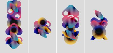 Dikey olarak düzenlenmiş soyut renkli şekiller. Dört panel üst üste binen formları, gradyanları, yumuşak kenarları gösteriyor. Modern dijital sanat kompozisyonu.