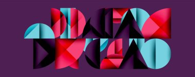 Soyut geometrik şekiller canlı pembeler, maviler ve siyahlar kullanarak DATA 'yı oluşturur. Mor arka plan güçlü bir kontrast sağlar. Modern tasarım.