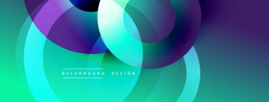 Soyut, enerjik çemberler çakışıyor. Teal, mor renkler modern arkaplan tasarımı yaratıyor. Yumuşak gradyanlar dinamik görsel efekt sunar.