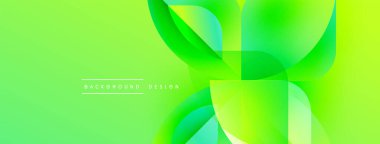 Parlak yeşil soyut arka plan. Üst üste binen şekiller dinamik görsel efekt yaratır. Modern tasarım elementleri pürüzsüz eğimler sunar.