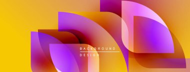 Soyut geometrik şekiller örtüşüyor, canlı renk eğimleri yaratıyor. Sarı arka plan moru, turuncu renkleri arttırır. Modern tasarım ögesi.