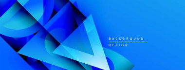 Soyut mavi tasarım, üst üste binen geometrik şekiller. Gradyan gölgeler dinamik görsel efekt yaratır. Modern, temiz estetik.