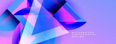 Soyut geometrik şekiller örtüşüyor, canlı mor, mavi renkler yaratıyor. Modern tasarım dijital sanat ve arkaplan ögesi öneriyor.
