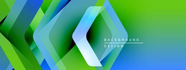 Soyut geometrik şekiller canlı yeşillikleri, mavileri harmanlıyor. Modern tasarım yenilik, teknoloji, dinamik enerji öneriyor. Temiz çizgiler görsel ilgi yaratır.