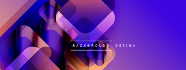 Soyut geometrik şekiller örtüşüyor, canlı mor ve mavi renkler yaratıyor. Modern tasarım teknoloji, yenilik, akıcılık öneriyor..