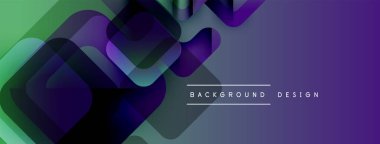 Soyut geometrik şekiller örtüşür, canlı gradyanlar yaratır. Mor, yeşil renkler tasarımda baskın, modern estetik. Arkaplan özellikleri metin.