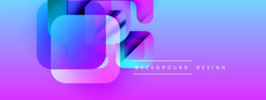 Soyut geometrik şekiller örtüşüyor, canlı mor ve mavi renkler yaratıyor. Modern tasarım ögeleri dijital sanat ve arkaplan kullanımını önerir.