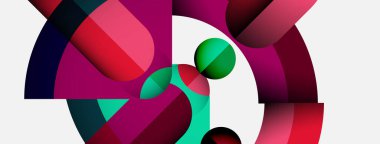 Üst üste binen renkli şekiller içeren soyut bir kompozisyon. Çemberler, kıvrımlar, gradyanlar dinamik görsel efekt yaratır. Modern tasarım, canlı renkler.