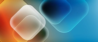 Yuvarlak kareler, canlı turuncu, mavi renkler içeren soyut bir kompozisyon. Yumuşak eğimler derinlik yaratır, modern estetik.