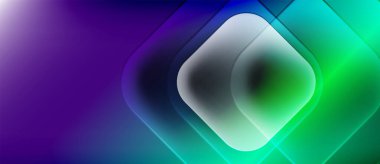 Bulanık kareler içeren soyut kompozisyon, canlı mor, mavi, yeşil renkler. Yumuşak eğimler derinlik yaratır, modern estetik.