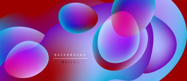 Soyut enerji çemberleri çakışıyor ve sıvı şekiller oluşturuyor. Kırmızı arka plan mavi ve pembe renkleri tamamlıyor. Modern tasarım ögesi.