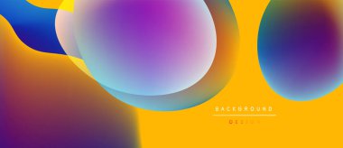 Soyut renkli şekiller örtüşüyor, canlı gradyanlar yaratıyor. Sarı arka planda baskın, mor, mavi aksanlar mevcut. Modern tasarım ögesi.