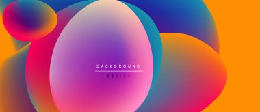 Soyut renkli şekiller örtüşüyor, canlı gradyanlar yaratıyor. Tasarımda pembeler, maviler, portakallar, morlar var. Modern estetik.