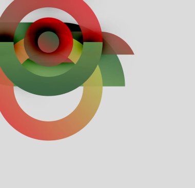 Soyut kompozisyon özellikleri üst üste binen renkli daireler, dinamik görsel efekt yaratır. Minimalist tasarım, modern estetik.