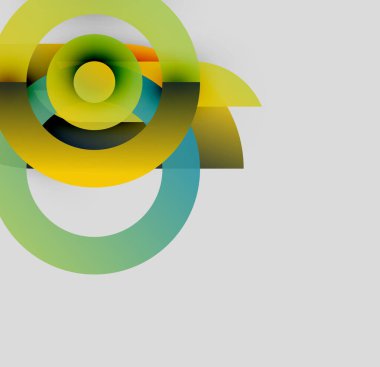 Soyut kompozisyon özellikleri üst üste binen renkli daireler, kavisler. Yumuşak eğimler gri arkaplana karşı dinamik görsel ilgi yaratır.