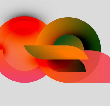 Üst üste binen renkli daireler içeren soyut bir kompozisyon. Sıcak tonlar baskın, dinamik görsel etkileşim yaratıyor. Yumuşak eğimler derinliği arttırır.