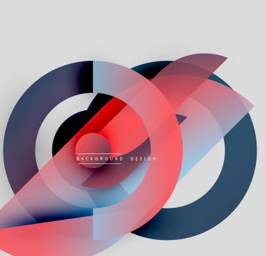 Soyut tasarım özellikleri üst üste binen daireler, canlı renkler. Kırmızı, mavi renkler kompozisyona hakim. Modern estetik, temiz çizgiler sunar.