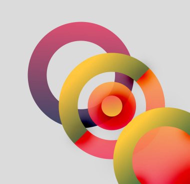 Soyut renkli halkalar üst üste binerek dinamik görsel kompozisyon oluşturuyor. Gradyan renkler harmanlanır, modern estetik sunar.