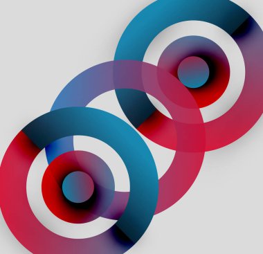 Üst üste binen daireler içeren soyut tasarım. Kırmızı, beyaz, mavi renkler dinamik görsel efekt yaratır. Modern, minimalist kompozisyon.