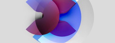 Soyut tasarım özellikleri üst üste binen şeffaf şekiller. Renkler mordan maviye ve beyaza karışıyor. Minimalist kompozisyon, modern estetik.