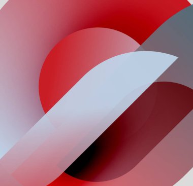 Soyut kompozisyon. Üst üste binen şekiller, kırmızı, beyaz, gri renkler dinamik görsel efekt yaratır. Minimalist tasarım, modern estetik.