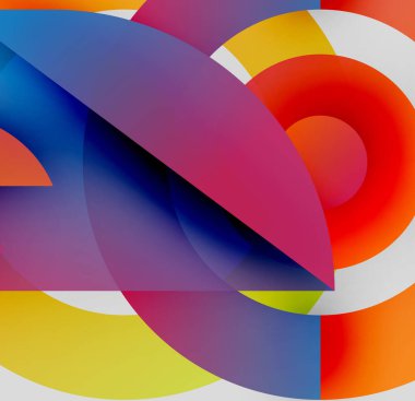 Soyut kompozisyon. Üst üste binen renkli çemberler dinamik görsel efekt yaratır. Parlak renkler harmanlanır, değişkenler oluşur. Modern tasarım.