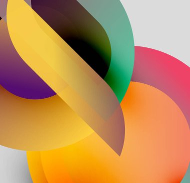 Soyut renkli şekiller örtüşür, dinamik görsel efekt yaratır. Yumuşak eğimler renkleri karıştırır, modern kompozisyon oluşturur.