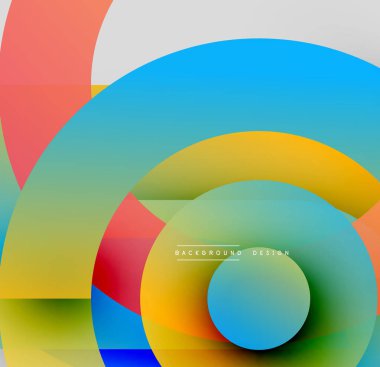 Soyut renkli tasarım. Üst üste binen daireler, kareler dinamik bileşim oluşturur. Parlak renkler harmanlanır, modern görsel deneyimi oluşturur..